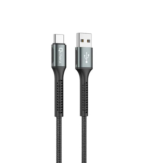 Cabo Qcharx Prague USB para Tipo C 3A 20W (1 m) em liga de alumínio preta com revestimento em tecido macio