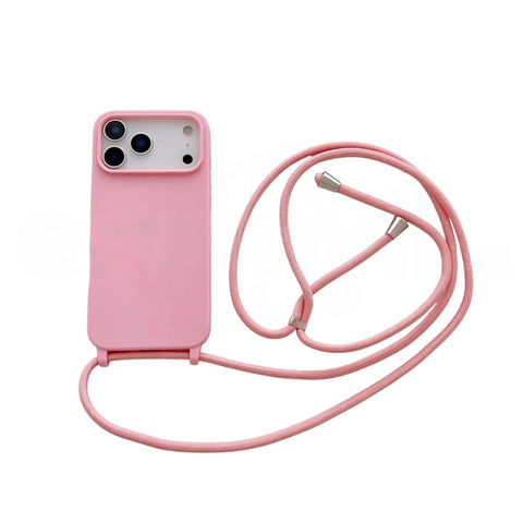 Capa de silicone rígido para iPhone 17 Pro Max com cordão ajustável rosa
